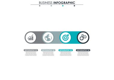 İş verileri, grafik. Grafiğin soyut öğeleri, 4 adımlı diyagram, strateji, seçenekler, parçalar veya süreçler. Sunu için vektör iş şablonu. Bilgi grafiği için yaratıcı konsept.