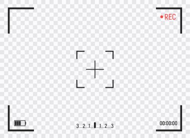 Kamera çerçevesi vizör ekranı. Şeffaf arka planda fotoğraf kamera çerçevesi ile video kaydedici dijital ekran. Vektör çizimi.