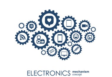 Elektronik mekanizma. Arka plan bağlı ve tümleşik düz simgeler. Bağlı sembolleri Monitor, telefon. Etkileşimli vektör çizim.