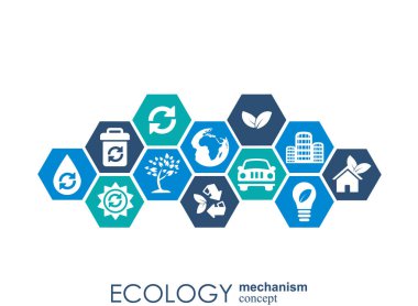 Ecology mechanism concept. Abstract background with connected gears and icons for eco friendly, energy, environment, green, recycle, bio and global concepts. Vector infographic illustration. clipart