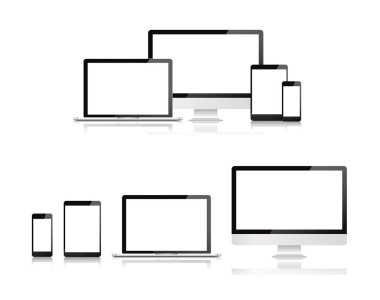 Elektronik cihazlar, dizüstü bilgisayarlı web tasarım şablonu, tablet, akıllı telefon, bilgisayar. Düz tasarım, arka planda vektör illüstrasyonu.