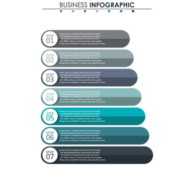 İş verileri, grafik. Grafiğin soyut öğeleri, 7 adımlı diyagram, strateji, seçenekler, parçalar veya süreçler. Sunu için vektör iş şablonu. Bilgi grafiği için yaratıcı konsept.