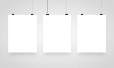 Mock-Up Gerçekçi Beyaz Poster Asılı. İş Sunumları için Klipler, Metin Yeri. Boş Beyaz Poster Şablonu. Vektör çizimi.