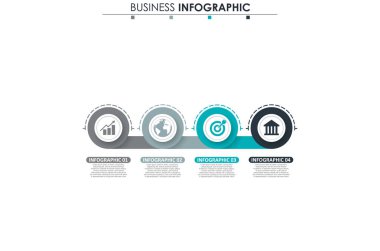 İş verileri, grafik. Grafiğin soyut öğeleri, 4 adımlı diyagram, strateji, seçenekler, parçalar veya süreçler. Sunu için vektör iş şablonu. Bilgi grafiği için yaratıcı konsept.