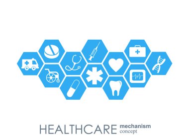 Sağlık mekanizması kavramı. Arka plan bağlı ve tıp, sağlık, strateji, bakım, tıp, ağ, sosyal medya ve genel kavramlar için simgeler. Vektör Infographic.