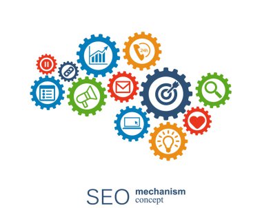 SEO mekanizması kavramı. Abstract entegre vites ve kutsal kişilerin resmi için strateji, dijital arka plan, internet, ağ, bağlanmak, analytics, sosyal medya ve genel kavramlar.