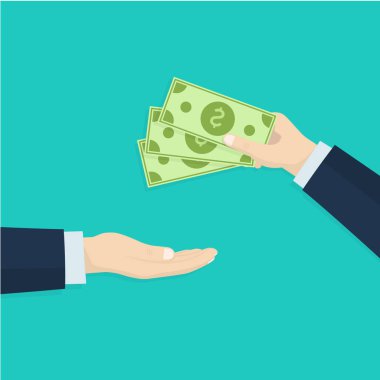 İnsan eli başka birine para, dolar verir. İş konsepti. İşadamı para için satın alır. Vektör illüstrasyon izole yeşil arka plan.