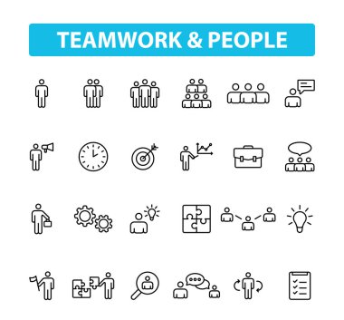Satır stilinde 24 Teamwork web simgeleri ayarlayın. Takım Çalışması, insanlar, destek, iş. Vektör çizimi.