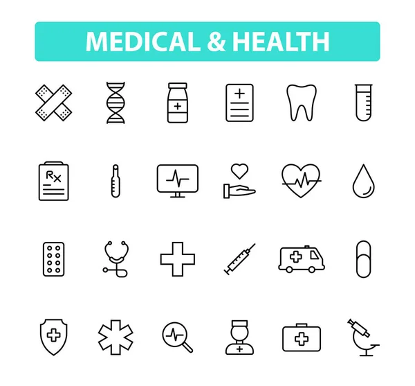 24の医療と健康のWebアイコンのラインスタイルのセット。医学と医療, RX,インフォグラフィック.ベクターイラスト. — ストックベクタ