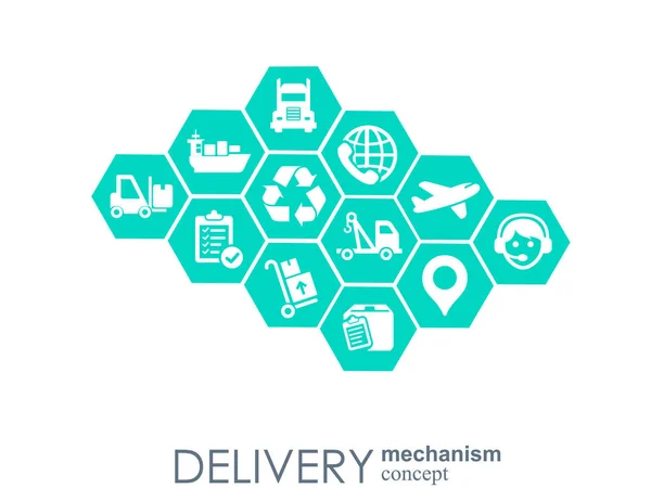 Delivery mechanism concept. Abstract background with connected gears and icons for logistic, service, strategy, shipping, distribution, transport, market, communicate concepts. Vector interactive. — Stock Vector