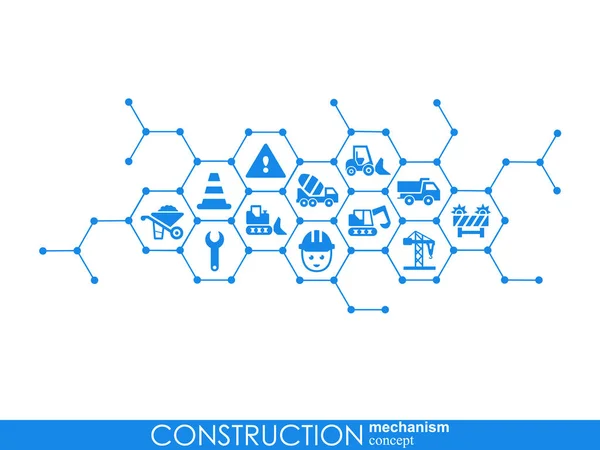 Construction network. Hexagon abstract background with lines, polygons, and integrated flat icons. Connected symbols for build, industry, architectural, engineering concepts. Vector. — Stock Vector