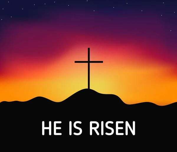 Diseño religioso cristiano para la celebración de Pascua, cruz del Salvador en la escena dramática del amanecer, con texto Él ha resucitado, ilustración vectorial . — Vector de stock