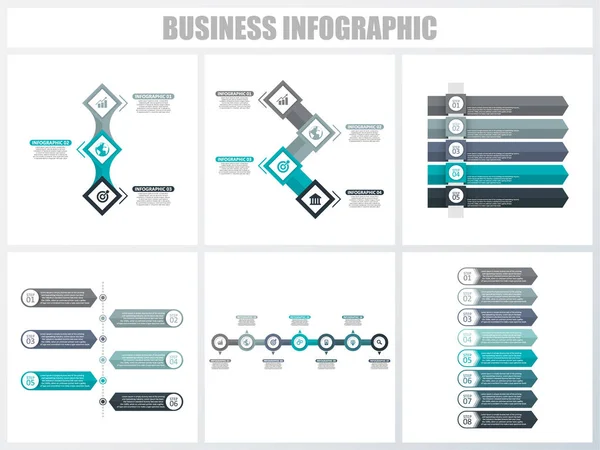 Infográficos abstratos opções de número modelo 3, 4, 5, 6, 7, 8. Ilustração vetorial. Pode ser usado para layout de fluxo de trabalho, diagrama, opções de passo de negócios de estratégia, banner e conjunto de design web . — Vetor de Stock