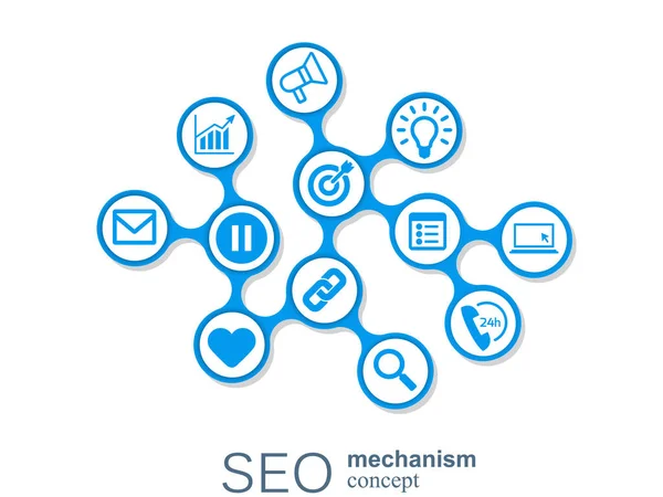 Seo 메커니즘 개념입니다. 추상적인 배경 통합된 기어와 전략, 디지털에 대 한 아이콘, 인터넷, 네트워크, 연결, 분석, 소셜 미디어 및 글로벌 개념. — 스톡 벡터