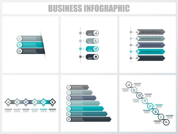 Infográficos abstratos opções de número modelo 3, 4, 5, 6, 7, 8. Ilustração vetorial. Pode ser usado para layout de fluxo de trabalho, diagrama, opções de passo de negócios de estratégia, banner e conjunto de design web . — Vetor de Stock