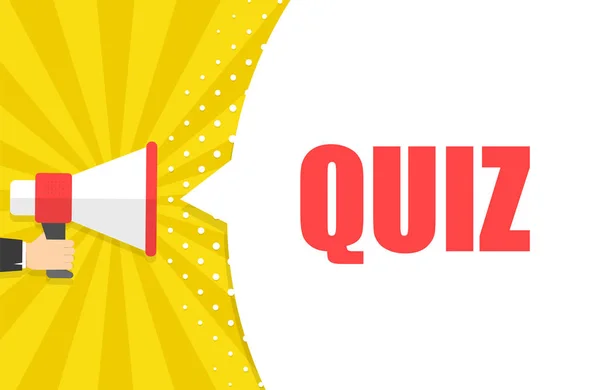 Mannenhand megafoon met quiz tekstballon te houden. Luidspreker. Banner voor business, marketing en reclame. Vectorillustratie. — Stockvector