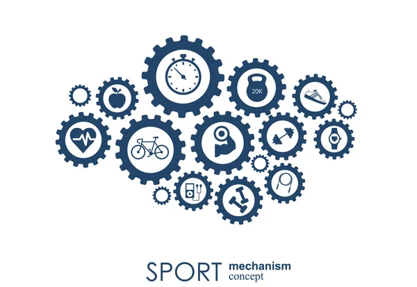 Sportmechanismus-Konzept. Fußball, Basketball, Volleyball, Ballkonzepte. abstrakter Hintergrund mit miteinander verbundenen Objekten. Vektorillustration. — Stockvektor