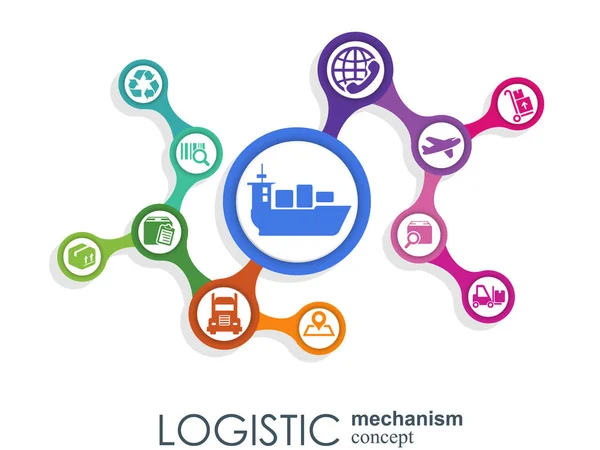 Koncepce logistiky mechanismus. distribuce, dodávka, servis, doprava, logistika, doprava, koncepty na trhu. Abstraktní pozadí s spojených objektů. Vektorové ilustrace. — Stockový vektor