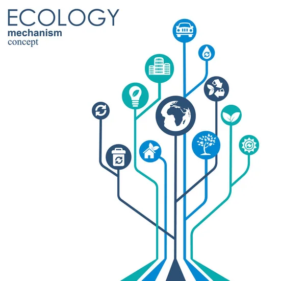 Ekologi mekanism koncept. abstrakt bakgrund med anslutna växlar och ikoner för miljövänlig, energi, miljö, grön, återvinna, bio och globala begrepp. vektor infographic illustration. — Stock vektor