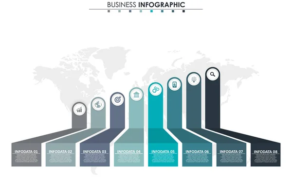 Données commerciales, graphique. Éléments abstraits du graphique, diagramme avec 8 étapes, stratégie, options, pièces ou processus. Modèle d'affaires vectoriel pour la présentation. Concept créatif pour infographie . — Image vectorielle