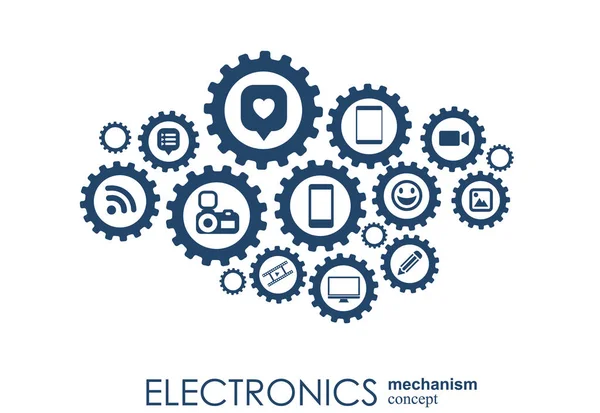 Mechanizm elektronika. Tło z połączonych biegów i Zintegrowana płaska ikony. Połączonych symboli dla monitora, telefon. Ilustracja wektorowa interaktywne. — Wektor stockowy