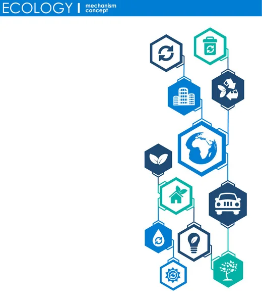 Ekologi mekanism koncept. abstrakt bakgrund med anslutna växlar och ikoner för miljövänlig, energi, miljö, grön, återvinna, bio och globala begrepp. vektor infographic illustration. — Stock vektor