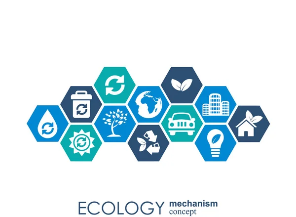 Concepto de mecanismo ecológico. Antecedentes abstractos con engranajes e iconos conectados para conceptos ecológicos, energéticos, ambientales, verdes, de reciclaje, biológicos y globales. Ilustración de infografía vectorial . — Vector de stock