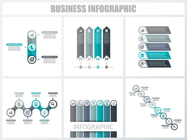 Infográficos abstratos opções de número modelo 3, 4, 5, 6, 7, 8. Ilustração vetorial. Pode ser usado para layout de fluxo de trabalho, diagrama, opções de passo de negócios de estratégia, banner e conjunto de design web . — Vetor de Stock