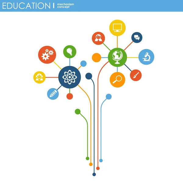 Education network. Hexagon abstract background with lines, polygons, and integrate flat icons. Connected symbols for elearning, knowledge, learn and global concepts. Vector interactive illustration. — Stock Vector