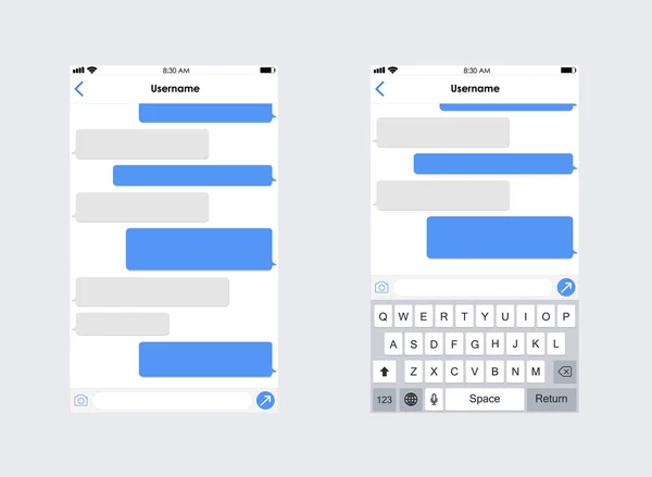 Chat App-Vorlage mit mobiler Tastatur. Konzept für soziale Netzwerke. Vektorillustration. Botschaft. — Stockvektor