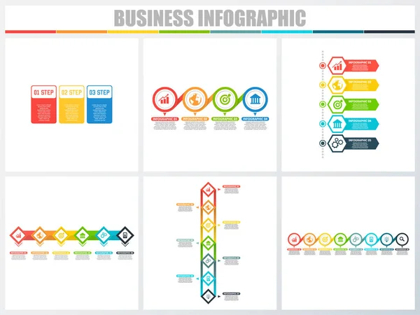 Infográficos abstratos opções de número modelo 3, 4, 5, 6, 7, 8. Ilustração vetorial. Pode ser usado para layout de fluxo de trabalho, diagrama, opções de passo de negócios de estratégia, banner e conjunto de design web . —  Vetores de Stock