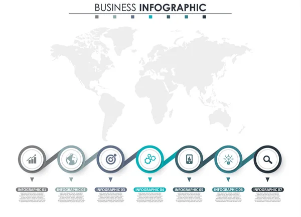 İş verileri, grafik. Grafiğin soyut öğeleri, 7 adımlı diyagram, strateji, seçenekler, parçalar veya süreçler. Sunu için vektör iş şablonu. Bilgi grafiği için yaratıcı konsept. — Stok Vektör