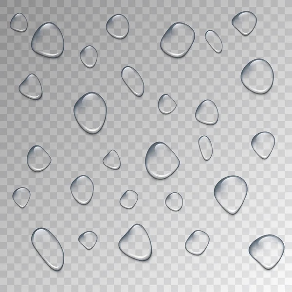 Gotas de água. Conjunto de gotas de água realistas no fundo transparente. Ilustração vetorial . — Vetor de Stock