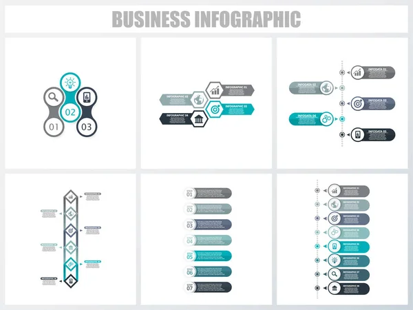 Infografías abstractas número de opciones plantilla 3, 4, 5, 6, 7, 8. Ilustración vectorial. Se puede utilizar para el diseño del flujo de trabajo, diagrama, opciones de pasos de negocio de estrategia, banner y conjunto de diseño web . — Vector de stock