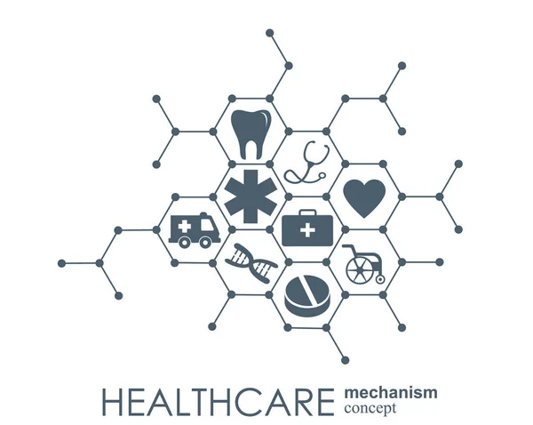 Concetto di meccanismo sanitario. Sfondo astratto con ingranaggi collegati e icone per medico, salute, strategia, cura, medicina, rete, social media e concetti globali. Infografica vettoriale . — Vettoriale Stock