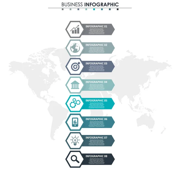 Бизнес-данные, график. Абстрактные элементы графика, таран с 8 шагами, стратегия, варианты, детали или процессы. Векторный бизнес-шаблон для презентации. Творческая концепция для инфографики . — стоковый вектор