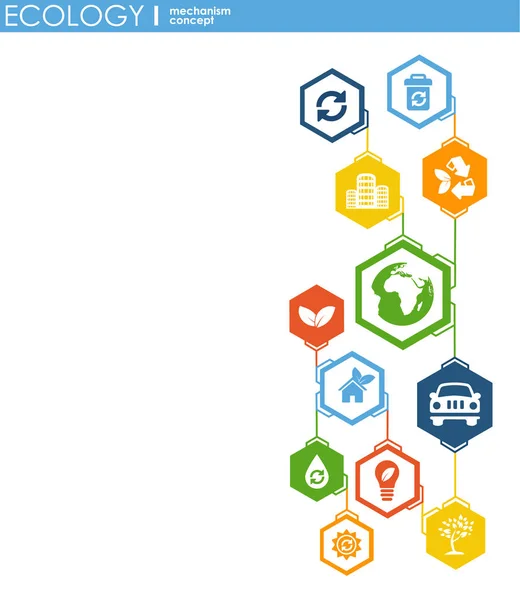 Ekologi mekanism koncept. abstrakt bakgrund med anslutna växlar och ikoner för miljövänlig, energi, miljö, grön, återvinna, bio och globala begrepp. vektor infographic illustration. — Stock vektor