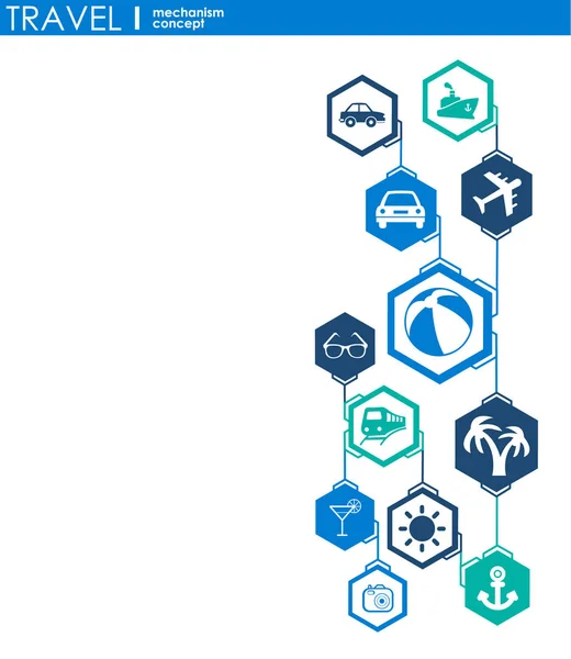 メカニズムを旅行します。接続されている歯車と統合されたフラット アイコンでの抽象的な背景。ベクトル インタラクティブ図. — ストックベクタ