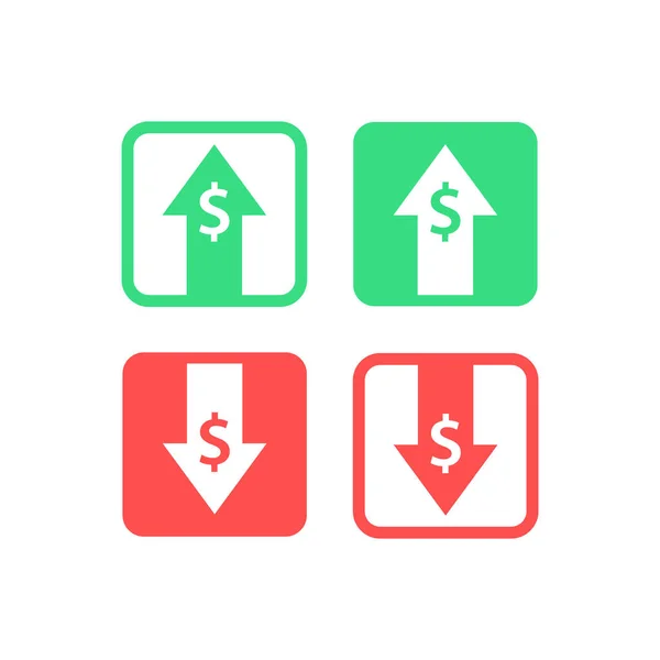 Kostensenkungsikone. Profitgeld. Pfeil rauf und runter. Bild isoliert auf weißem Hintergrund. Vektorillustration. — Stockvektor