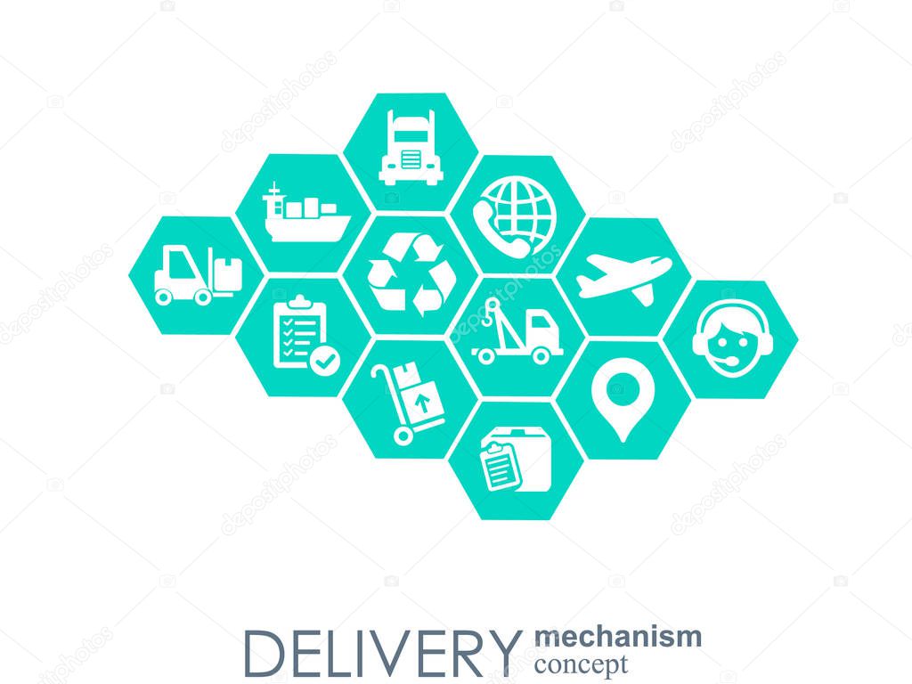 Delivery mechanism concept. Abstract background with connected gears and icons for logistic, service, strategy, shipping, distribution, transport, market, communicate concepts. Vector interactive.