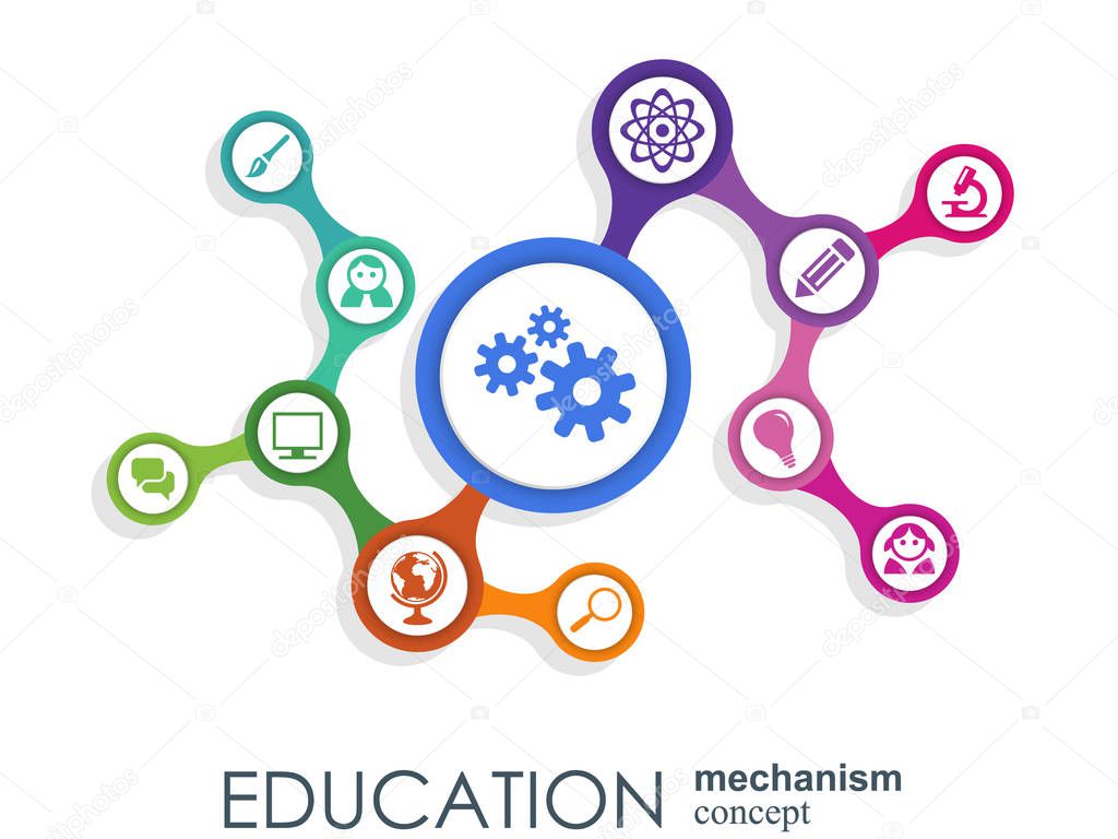 Education network. Hexagon abstract background with lines, polygons, and integrate flat icons. Connected symbols for elearning, knowledge, learn and global concepts. Vector interactive illustration.