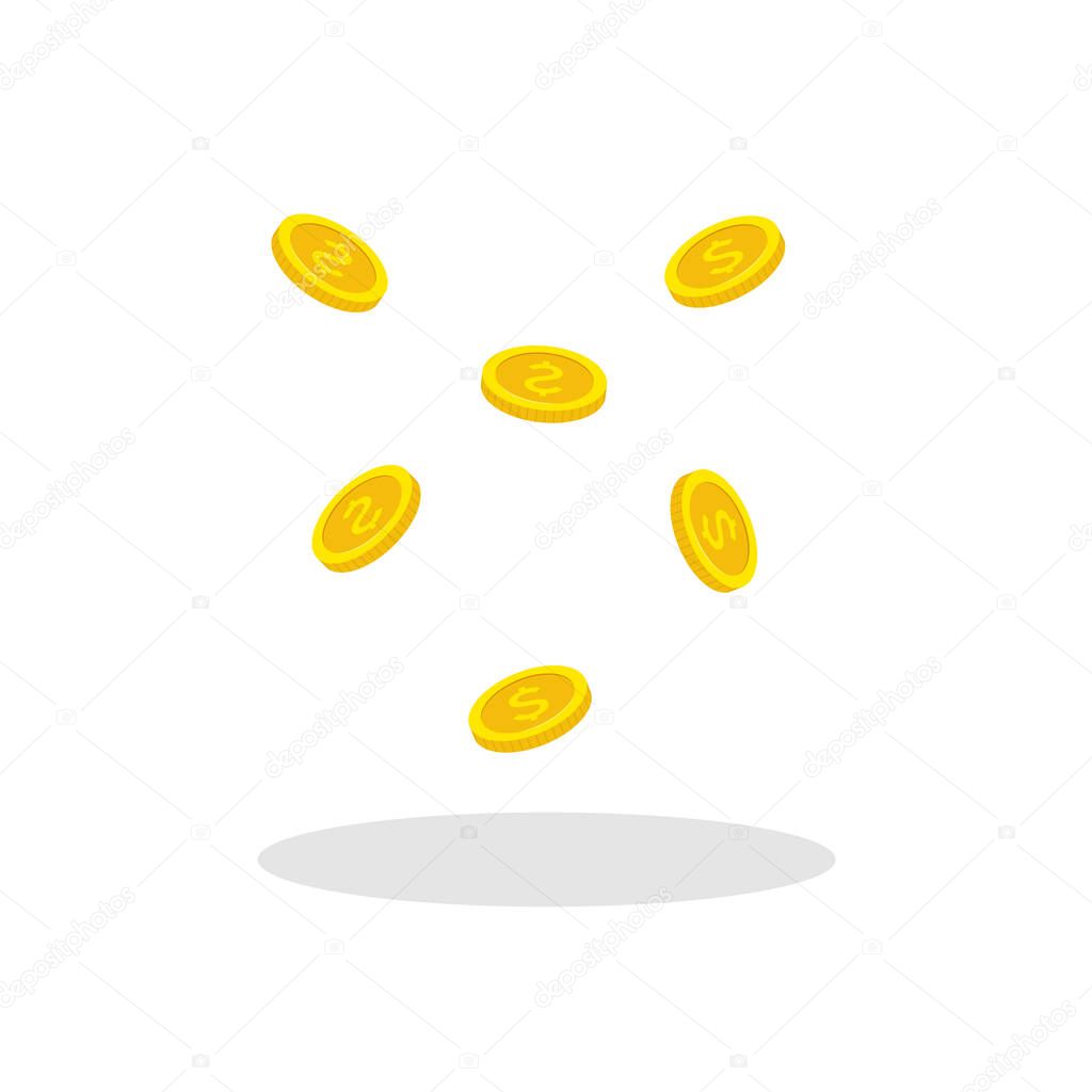 Flat style flying gold coins. Coins money falling vector illustration.