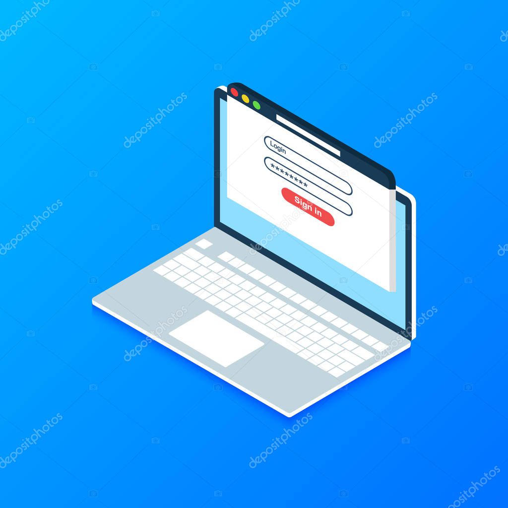 Isometric Laptop with login and password form page on screen. Sign in to account, user authorization, login authentication page concept. Username, password fields. Flat design, vector illustration.