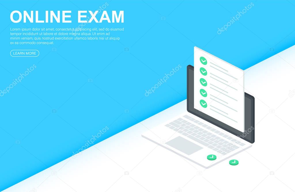 Online exam concept banner. Can use for web banner education, infographics. Isometric Vector illustraion. On abstract background.