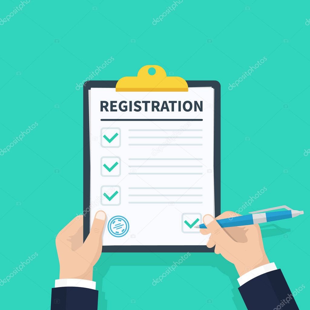 Man hold Registration clipboard with checklist. Man hold in hand clipboard agreement. Flat design, vector illustration on background.