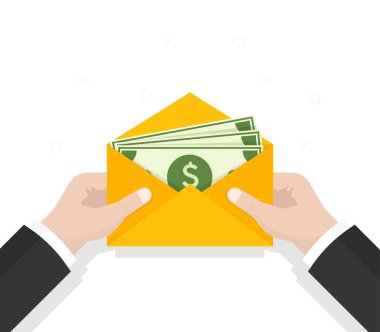 Parayla dolu bir zarf. Dolarlarla açık zarf. Vektör çizimi düz tarzda. Göndermek, almak, ödüllendirmek. Finansal hediye. Nakit simgesi.