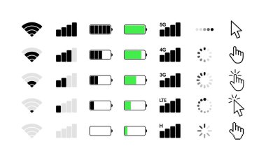 Cep telefonu sistemi simgeleri. Wifi sinyal gücü, pil şarj seviyesi, yükleme, indirme, imleç. Vektör çizimi.