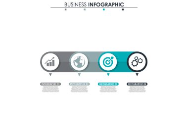 İş verileri, grafik. Grafiğin soyut öğeleri, 4 adımlı diyagram, strateji, seçenekler, parçalar veya süreçler. Sunu için vektör iş şablonu. Bilgi grafiği için yaratıcı konsept.