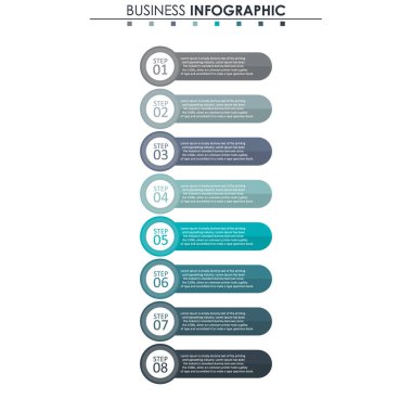 İş verileri, grafik. Grafiğin soyut öğeleri, 8 adımlı diyagram, strateji, seçenekler, parçalar veya süreçler. Sunu için vektör iş şablonu. Bilgi grafiği için yaratıcı konsept.