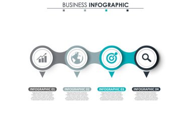 İş verileri, grafik. Grafiğin soyut öğeleri, 4 adımlı diyagram, strateji, seçenekler, parçalar veya süreçler. Sunu için vektör iş şablonu. Bilgi grafiği için yaratıcı konsept.